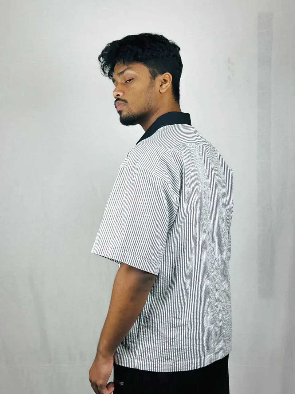 Black & White Striped Contrast Collar Boxy Shirt