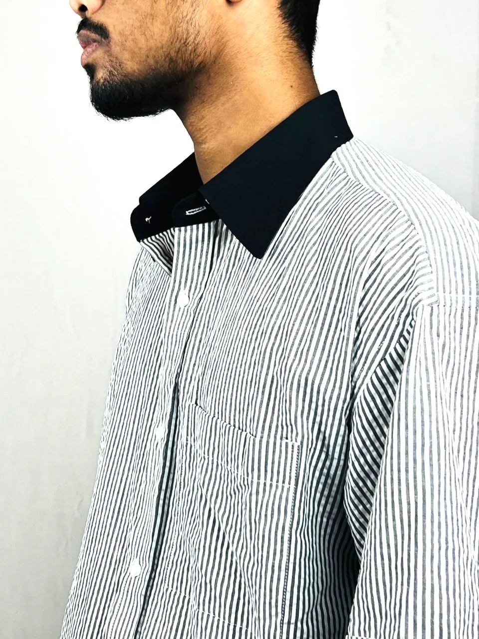 Black & White Striped Contrast Collar Boxy Shirt back view