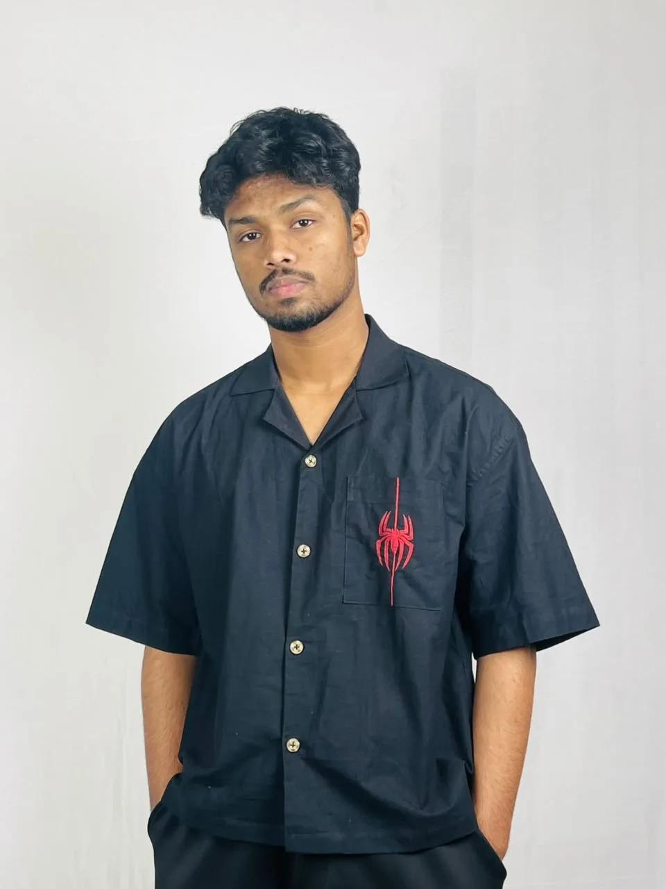 Black & Red Spider Embroidery Boxy Shirt