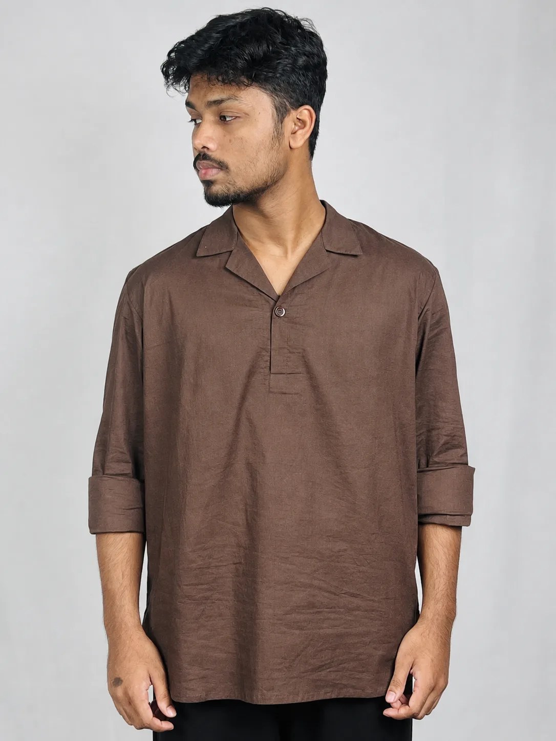 Mocha Brown Camp Collar Cotton Katua