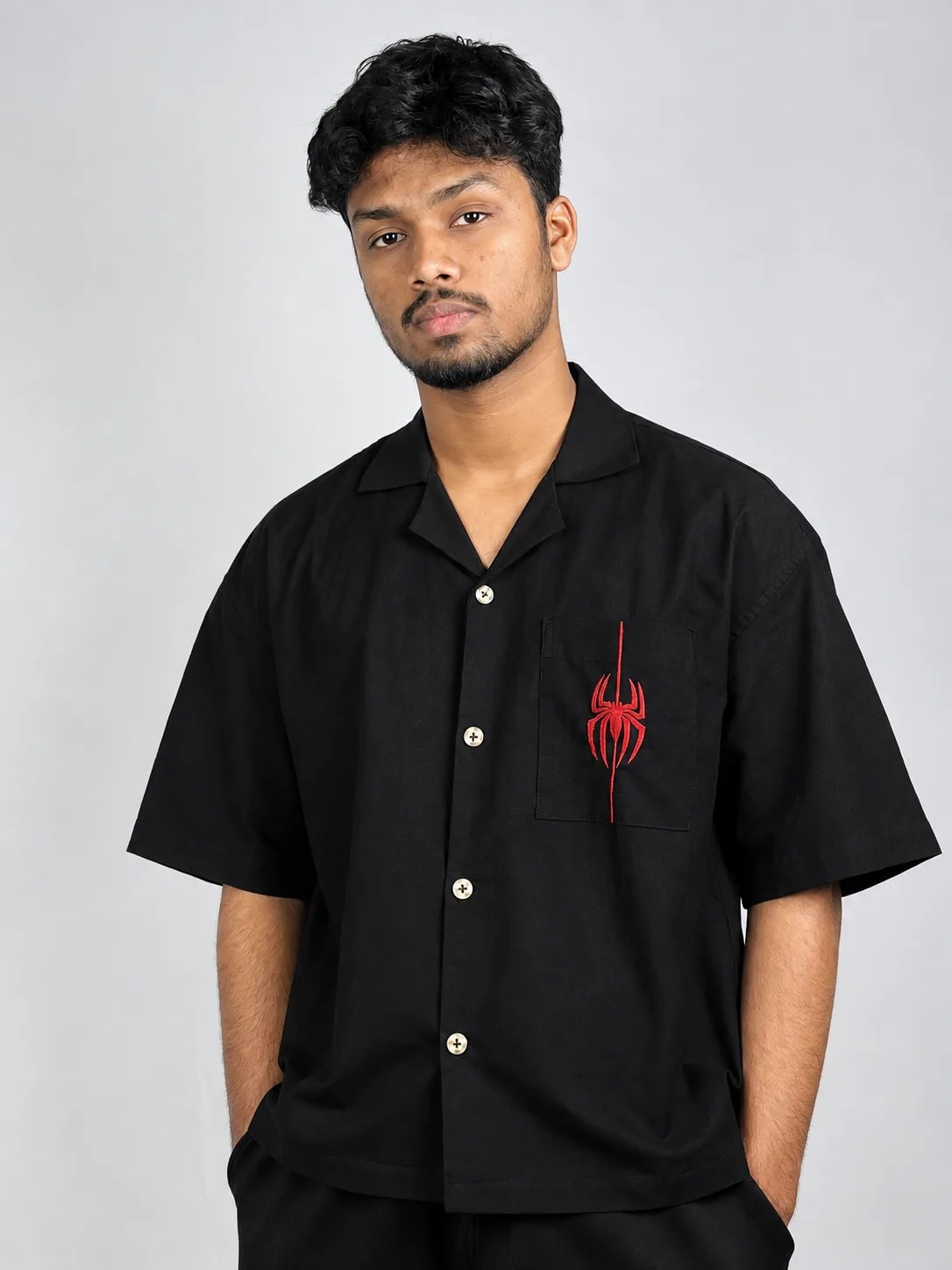 Black & Red Spider Embroidery Boxy Shirt