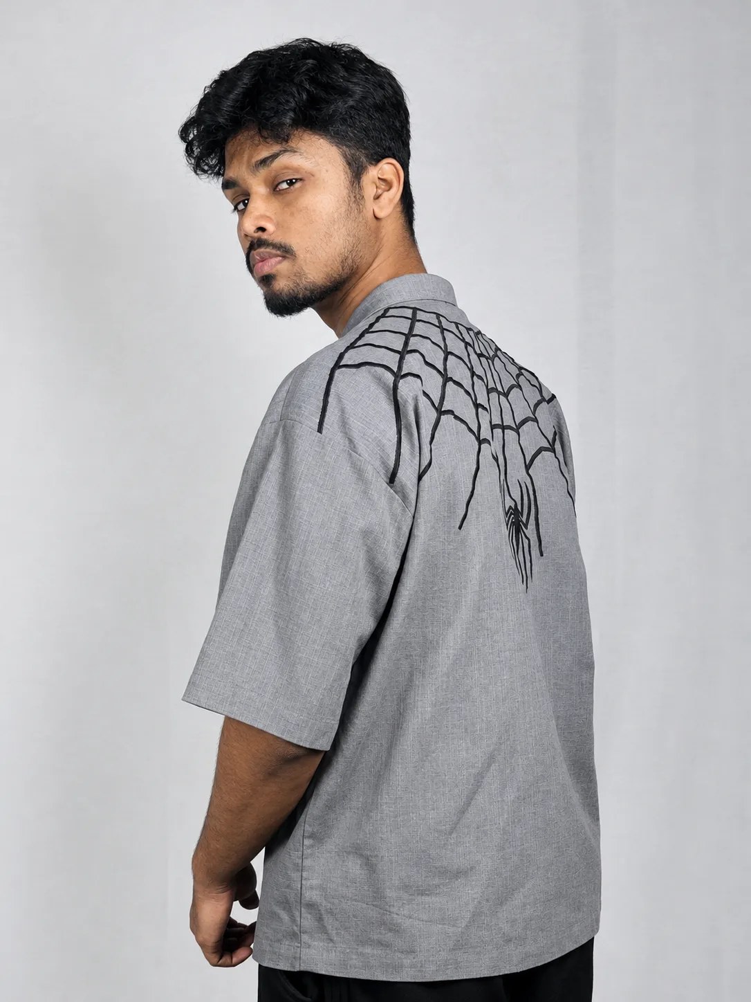 Grey Spider Embroidery Boxy Shirt back view
