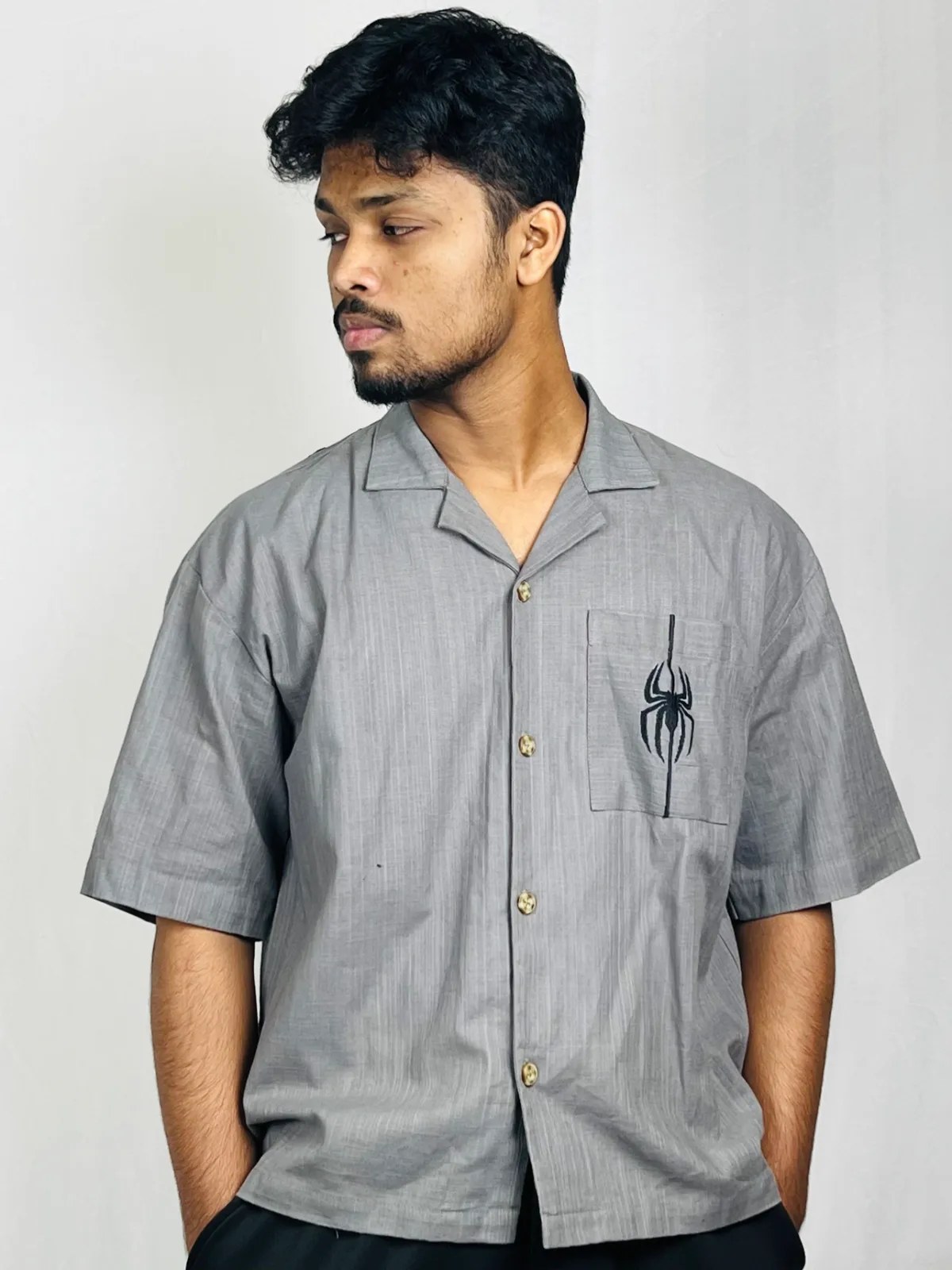 Grey Spider Embroidery Boxy Shirt
